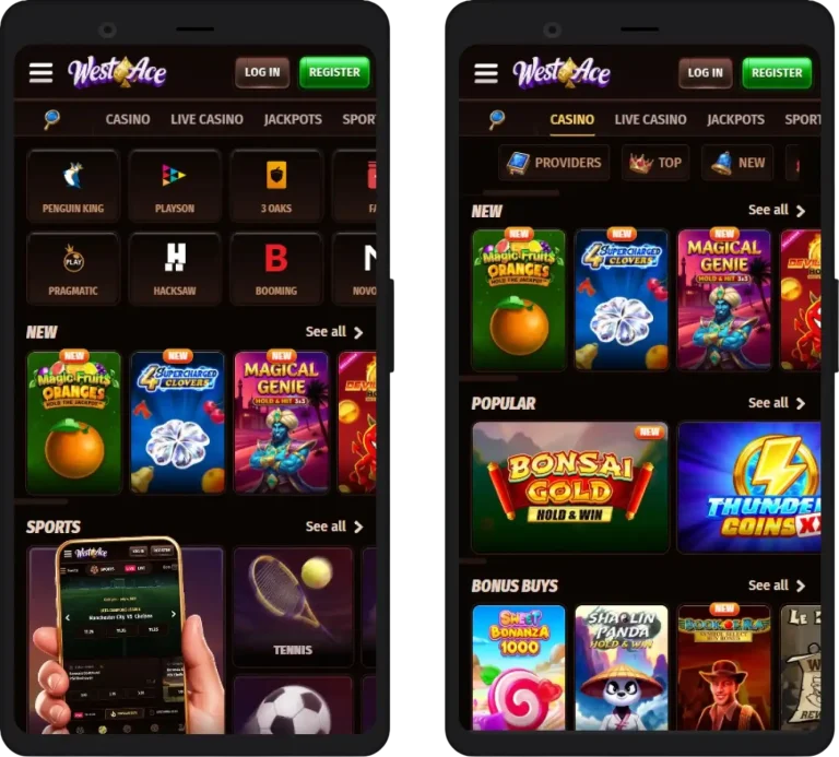 WestAce Casino mobile interface with slots, sports and game categories