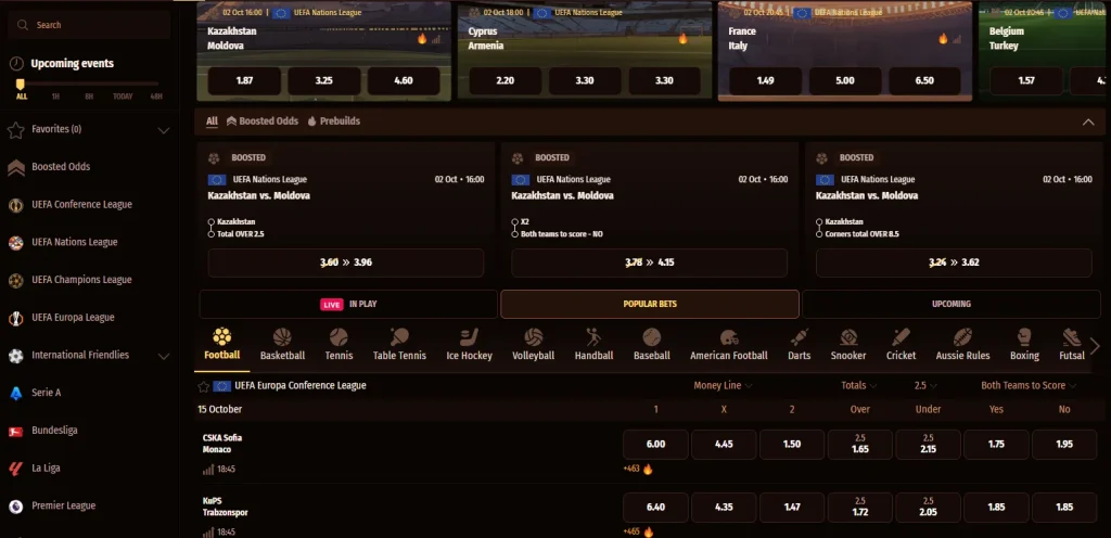 WestAce Casino sportsbook with football markets, boosted odds and live betting