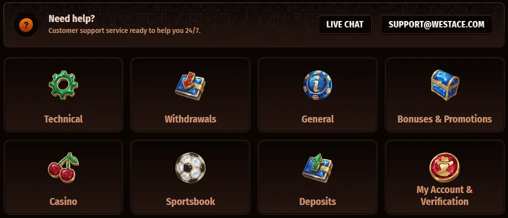 WestAce Casino customer support with live chat and help categories